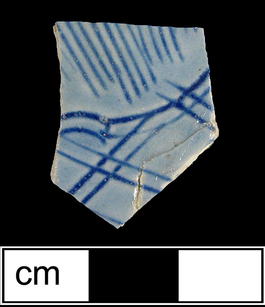 Debased scratch blue bowl with cross-hatched motif, both sherds appear to be from the same vessel, Lots 118.031 and 118.032 from 18WA20.